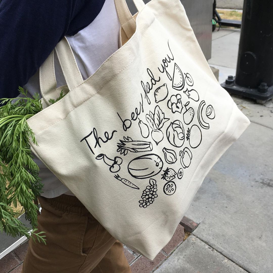 Farmers Market Canvas tote says The Bees Feed You
